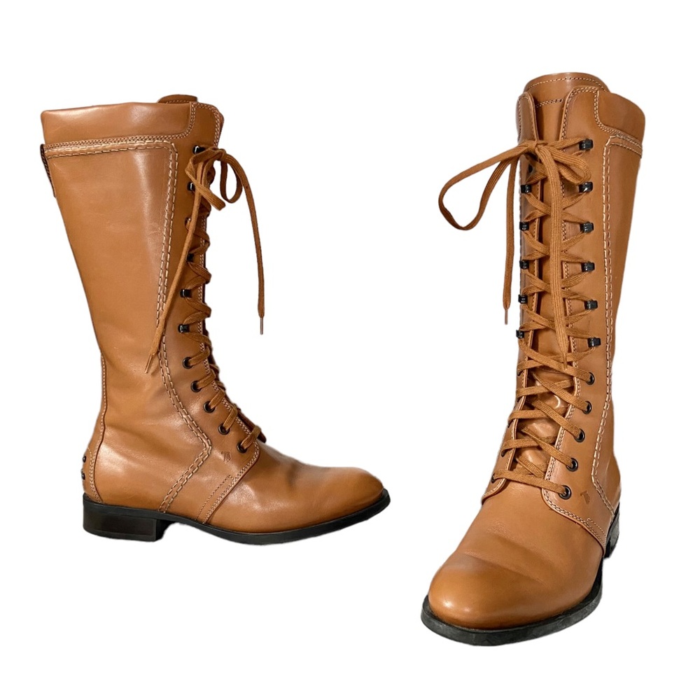 Tod’s Gommino Tall Leather Camel Tan Lace Up Equestrian Style Riding Boots 7